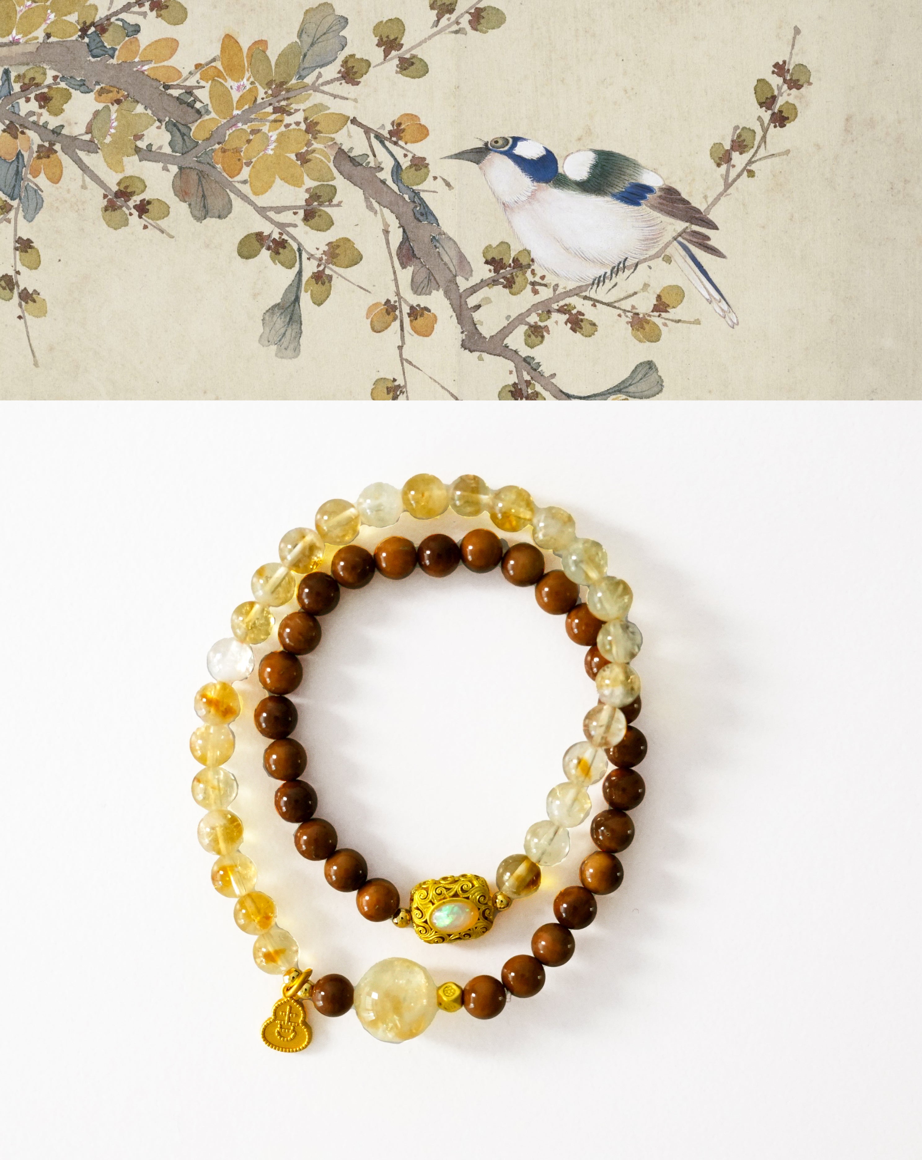 High Vibration Golden Rutilated Quartz and Kuka Seeds Double Wrap Bracelet