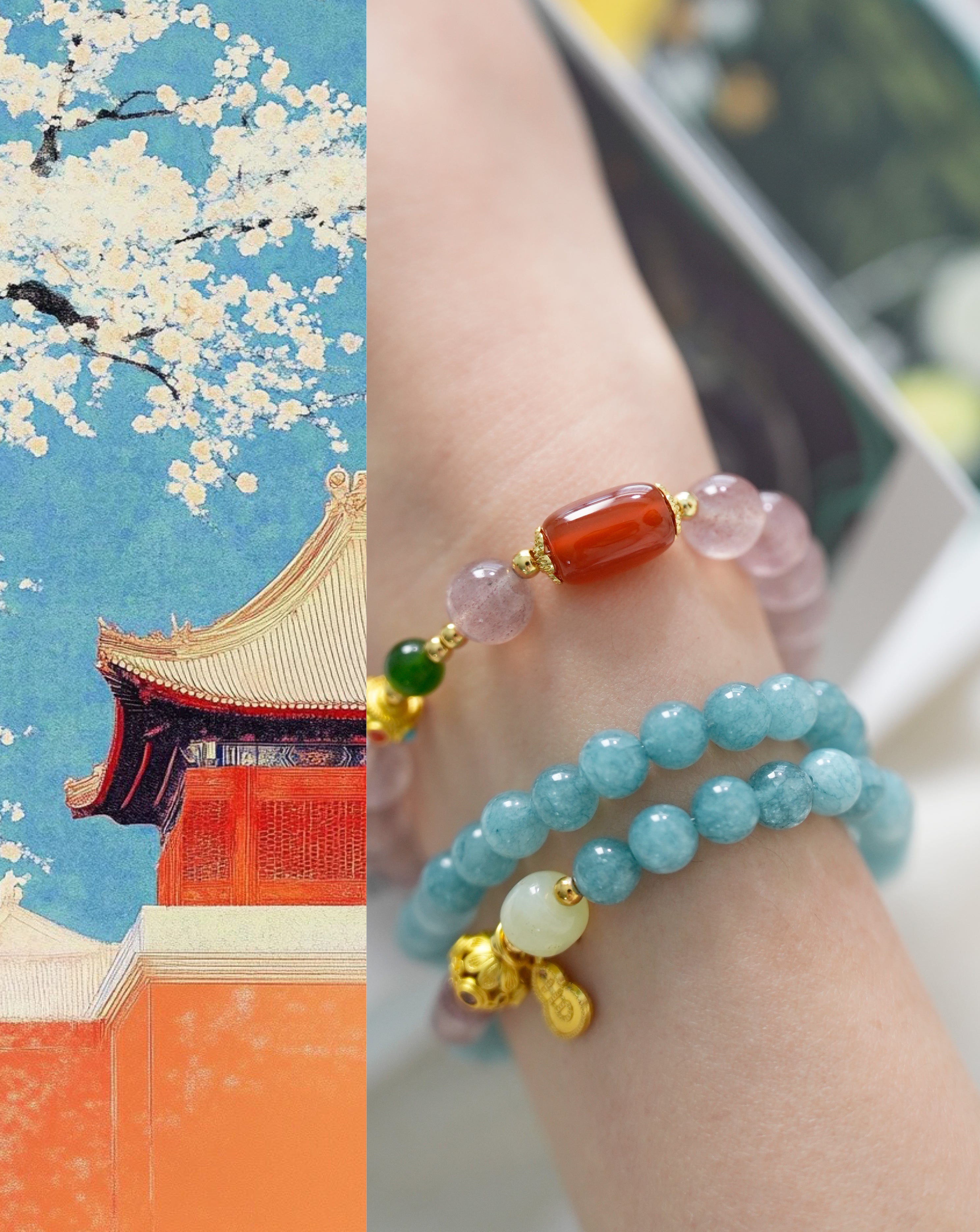 Power Booster Strawberry Quartz and Aquamarine Bracelet Set